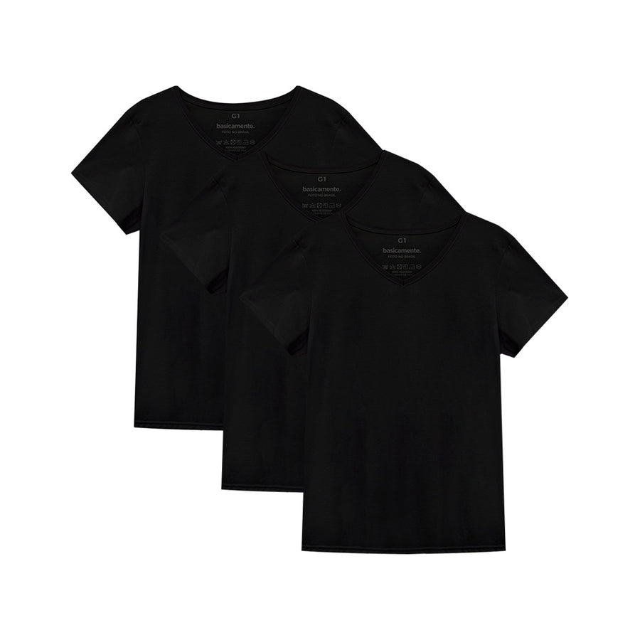 Kit de 3 Camisetas Gola V Plus Size Feminina - Preto