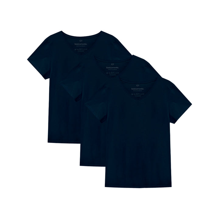 Kit de 3 Camisetas Gola V Plus Size Feminina - Azul Marinho