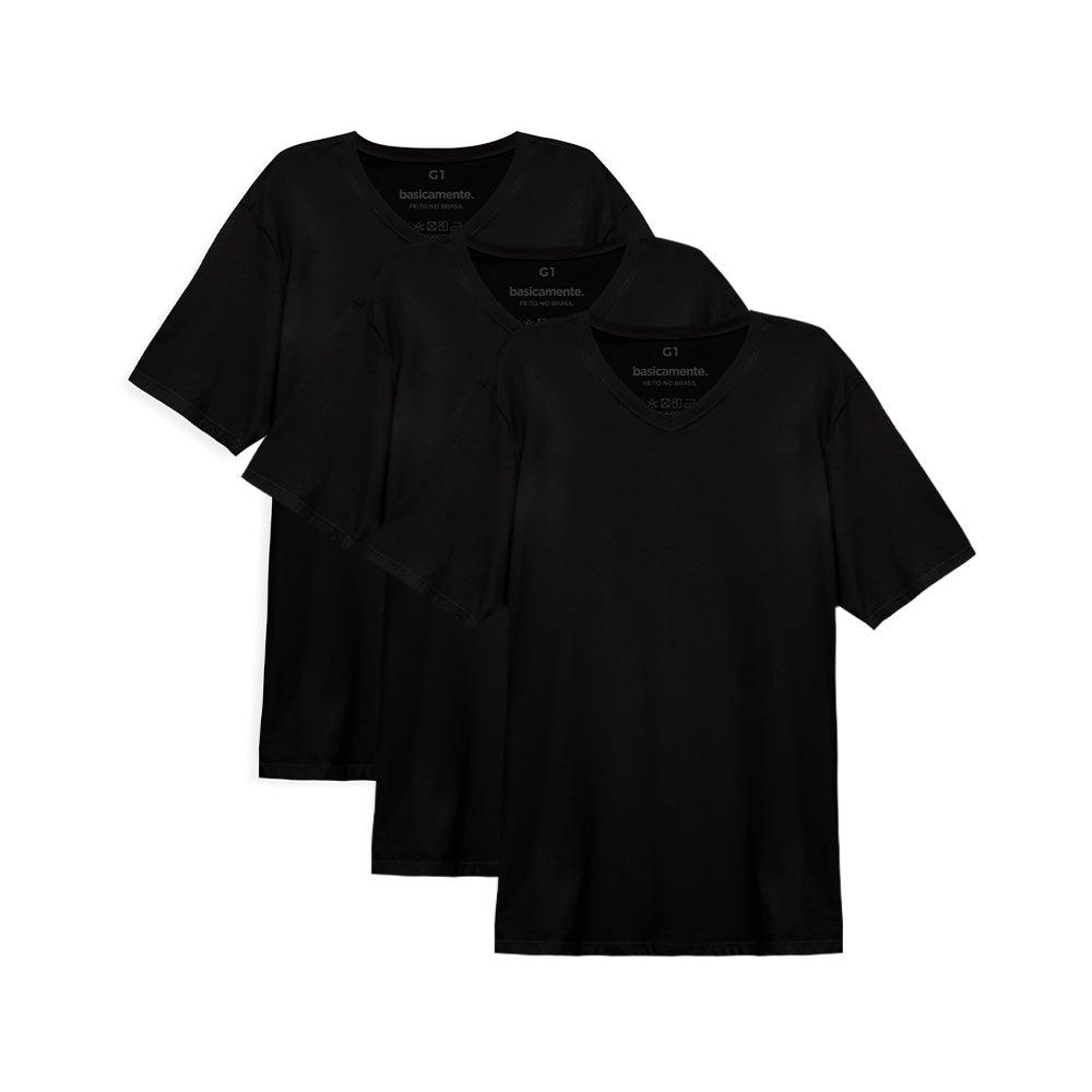 Kit de 3 Camisetas Gola V Plus Size Masculina - Preto