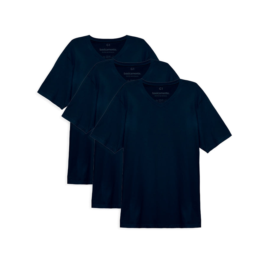 Kit de 3 Camisetas Gola V Plus Size Masculina - Azul Marinho
