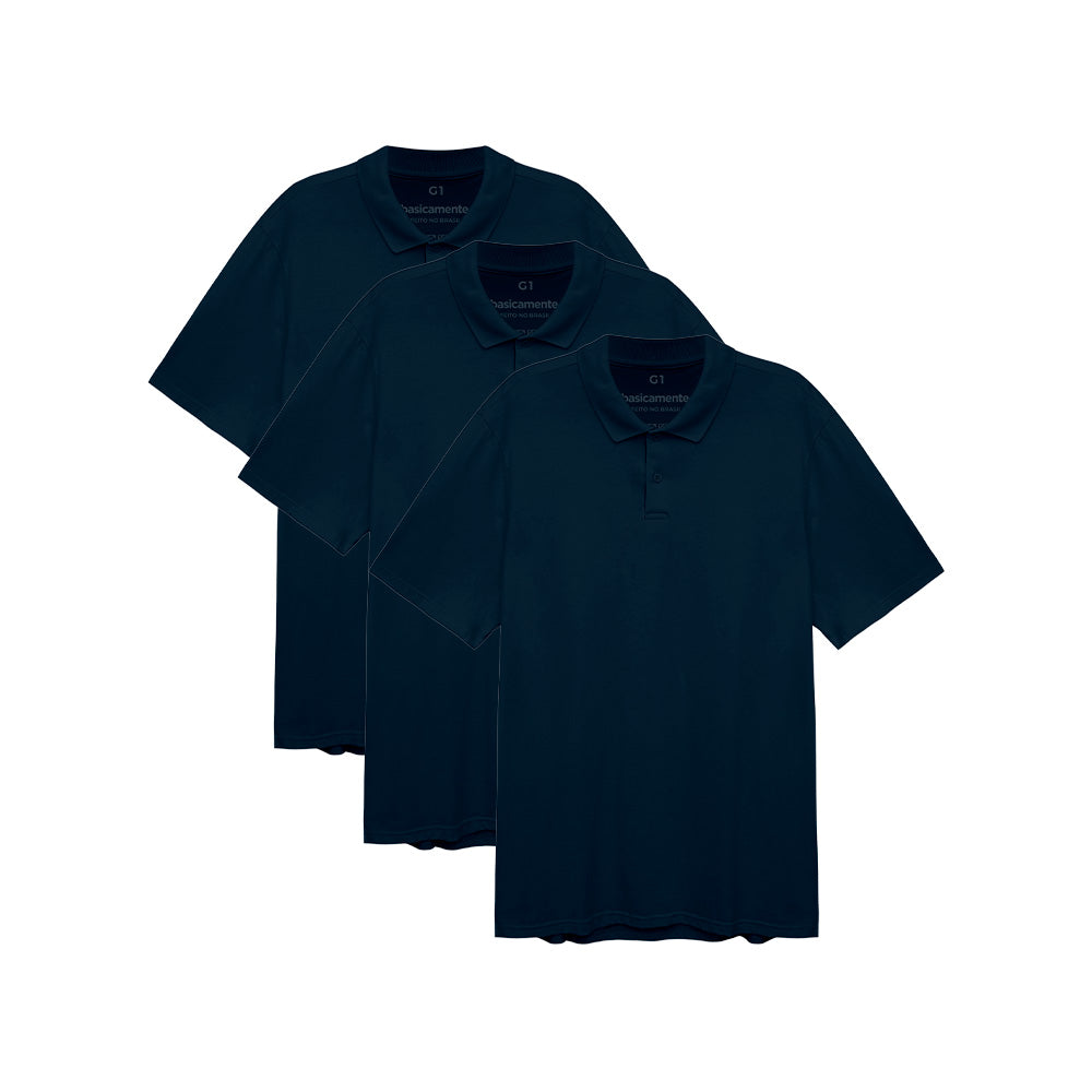 Kit de 3 Polos Plus Size Masculina - Azul Marinho