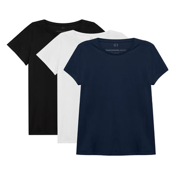 Kit 3 Tech T-Shirt Anti Odor Gola C Plus Size Feminina - Branco Preto Azul Marinho