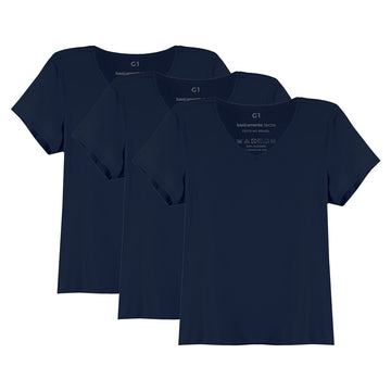 Kit 3 Tech T-Shirt Anti Odor Gola V Plus Size Feminina - Azul Marinho