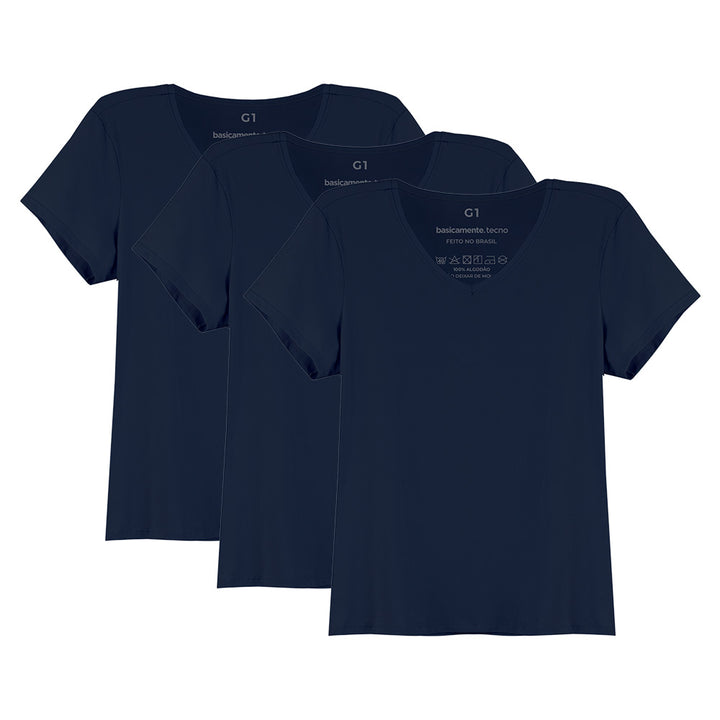 Kit 3 Tech T-Shirt Antiodor Gola V Plus Size Feminina - Azul Marinho