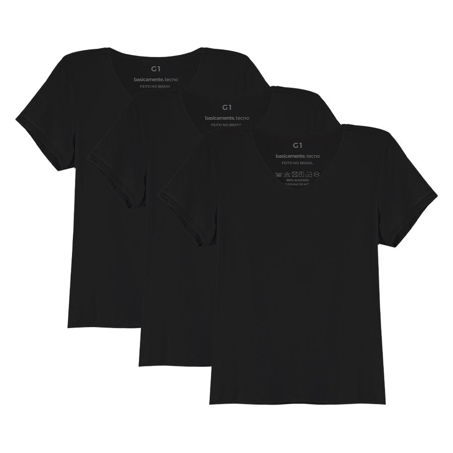 Kit 3 Tech T-Shirt Antiodor Gola V Plus Size Feminina - Preto Onix