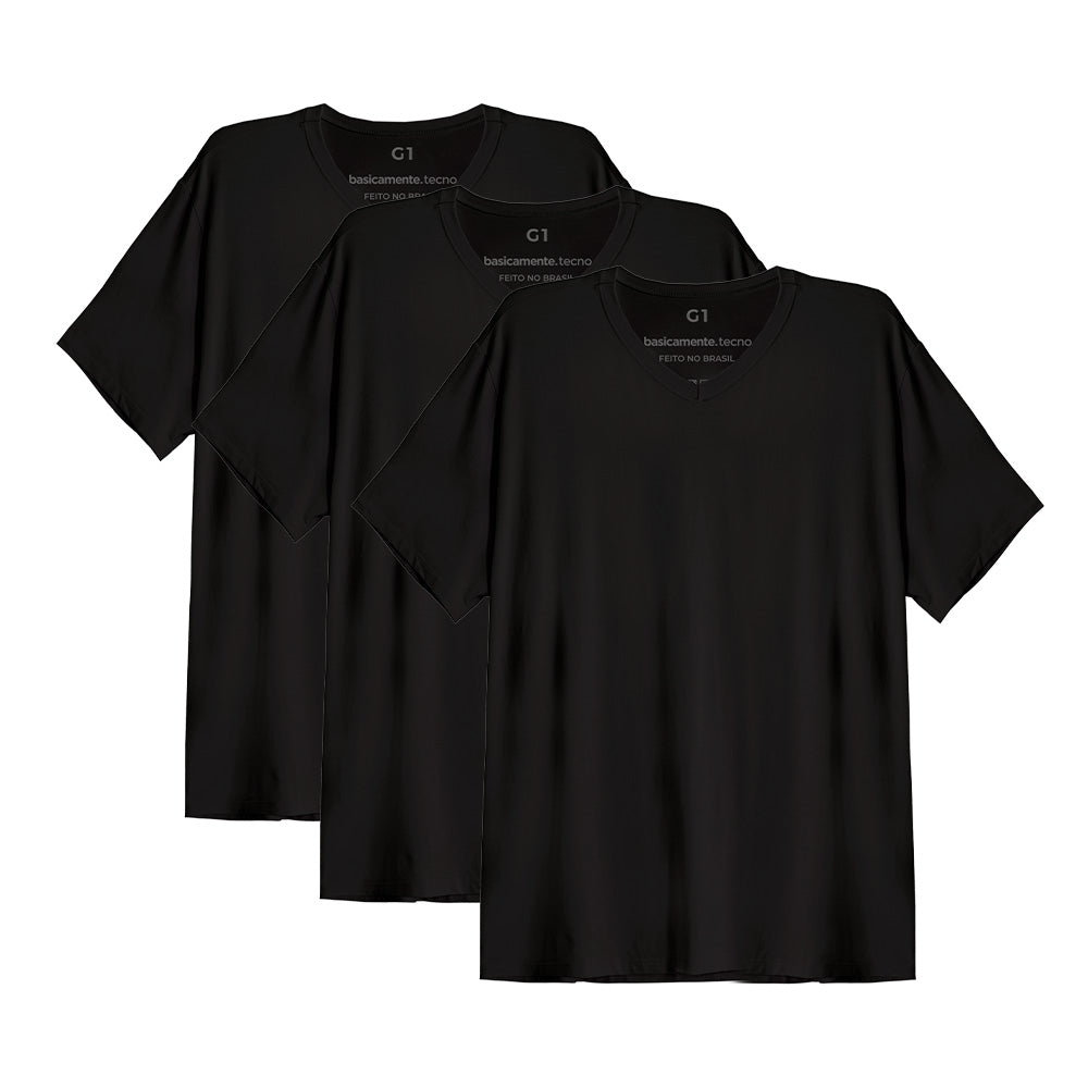 Kit 3 Tech T-Shirt Antiodor Gola V Plus Size Masculina - Preto Onix