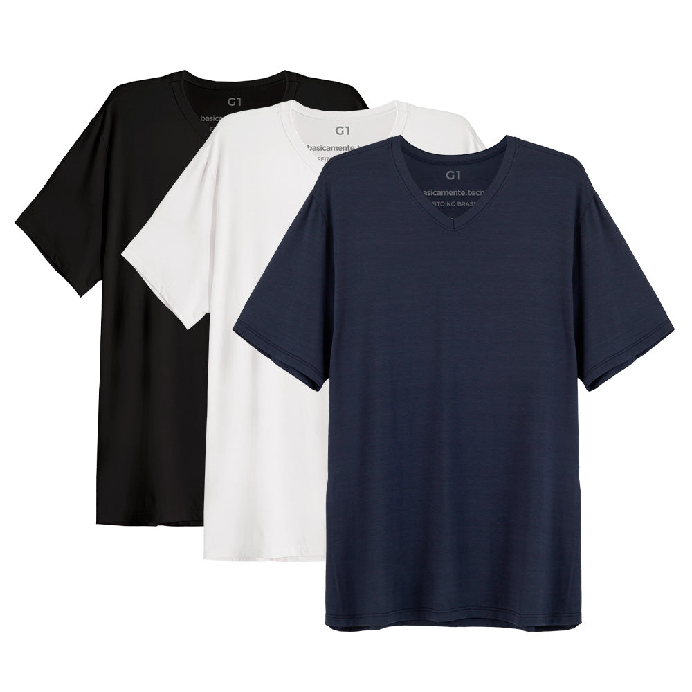 Kit 3 Tech T-Shirt Antiodor Gola V Plus Size Masculina - Branco Preto Azul Marinho