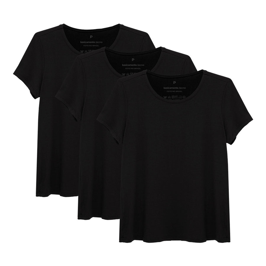 Kit 3 Tech T-shirt Modal Feminina - Preto