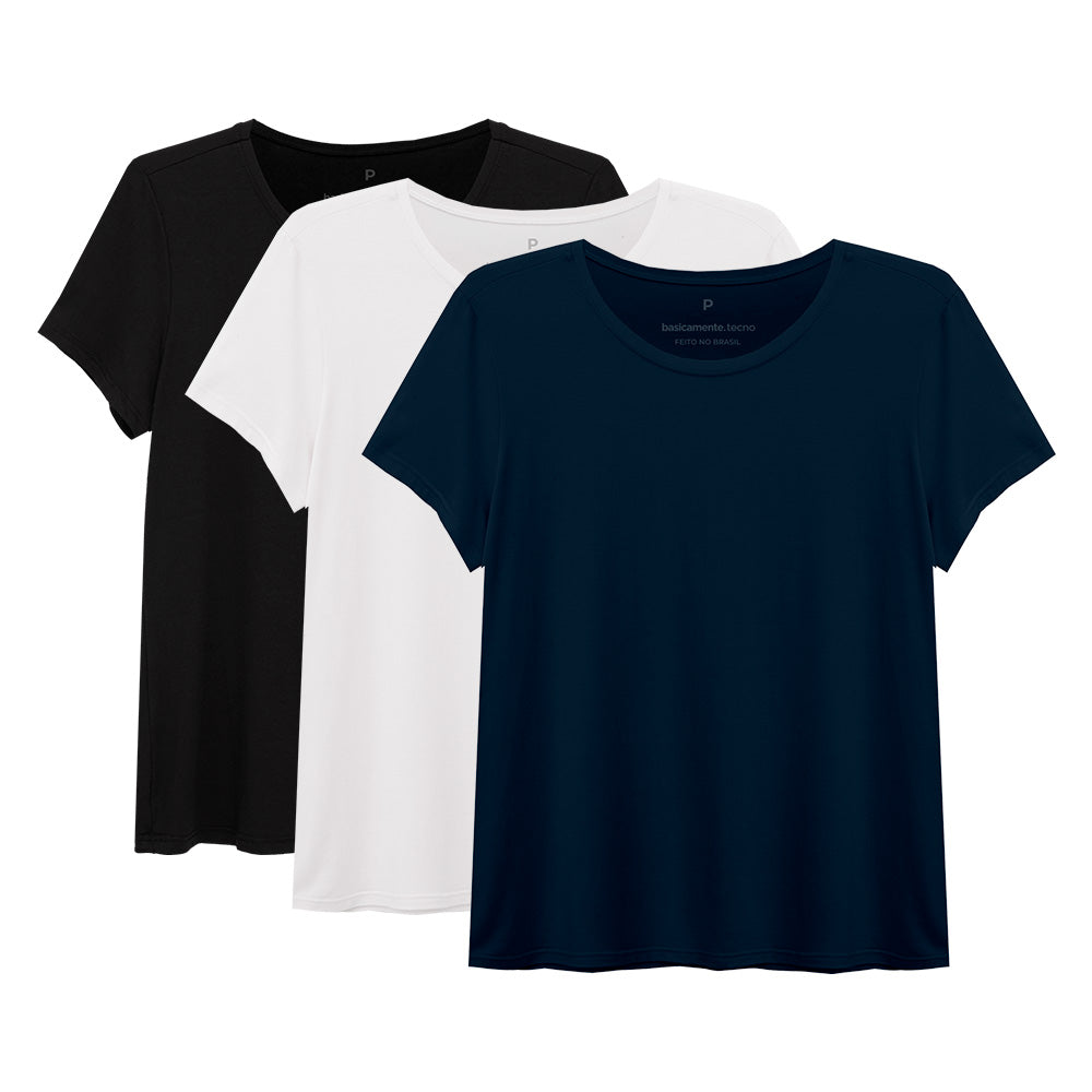 Kit 3 Tech T-shirt Modal Feminina - Branco Preto Azul Marinho