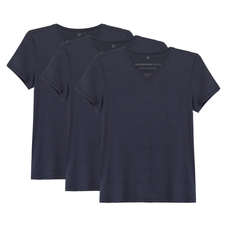 Kit 3 Tech T-Shirt Modal Gola V Feminina - Azul Marinho