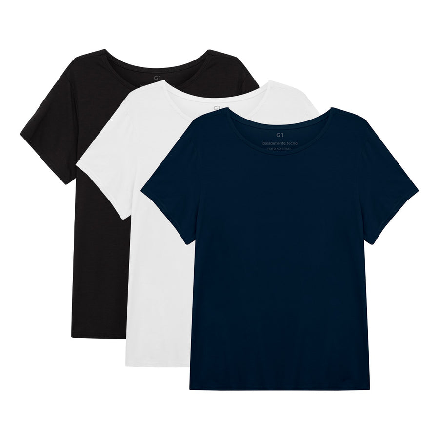 Kit 3 Tech T-Shirt Modal Gola C Plus Size Feminina - Branco Preto Azul Marinho