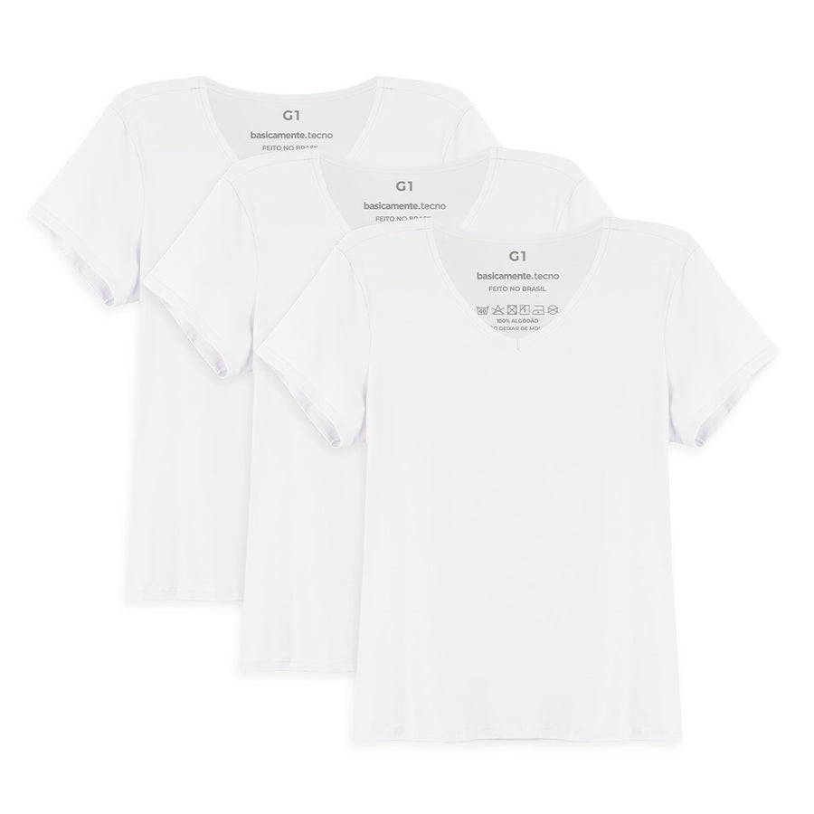 Kit 3 Tech T-Shirt Modal Gola V Plus Size Feminina - Branco