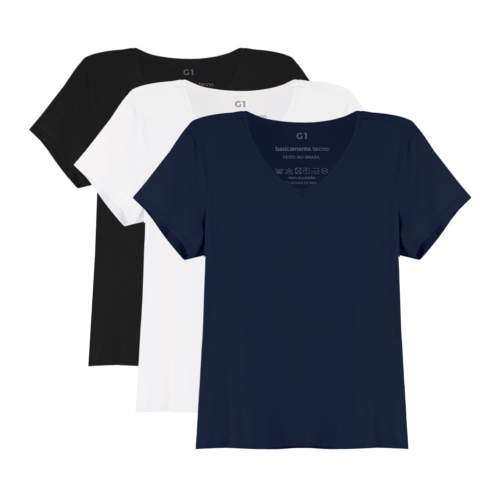 Kit 3 Tech T-Shirt Modal Gola V Plus Size Feminina - Branco Preto Azul Marinho