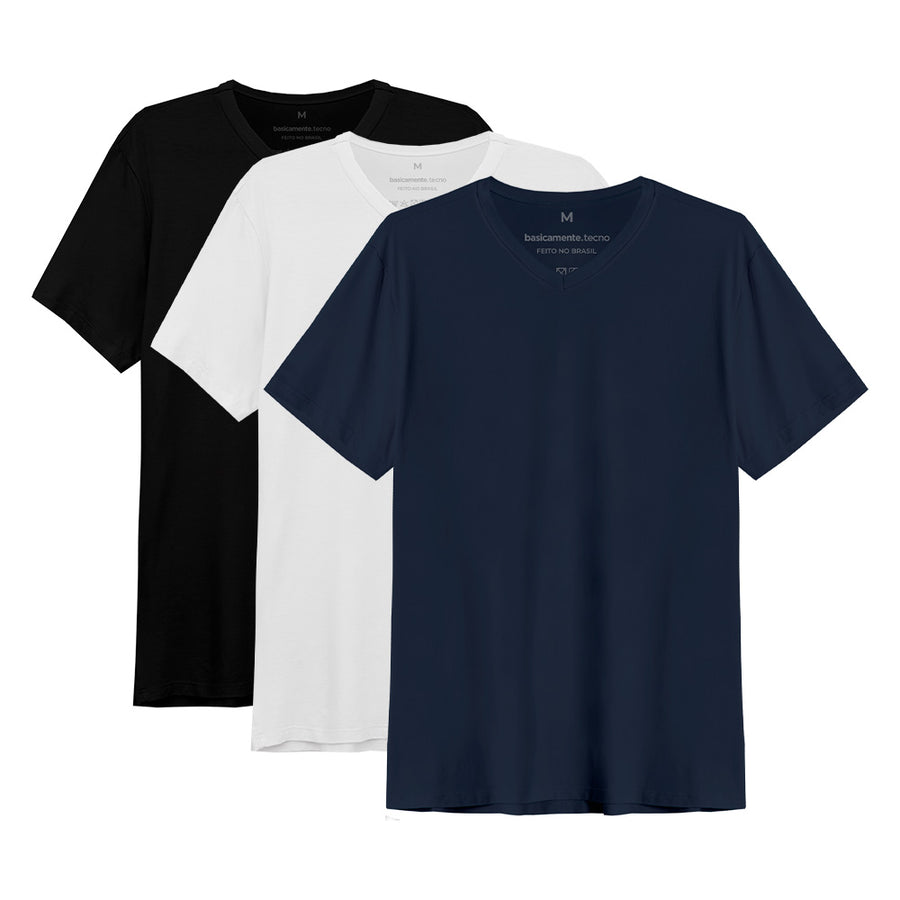 Kit 3 Tech T-Shirt Modal Gola V Masculina - Branco Preto Azul Marinho