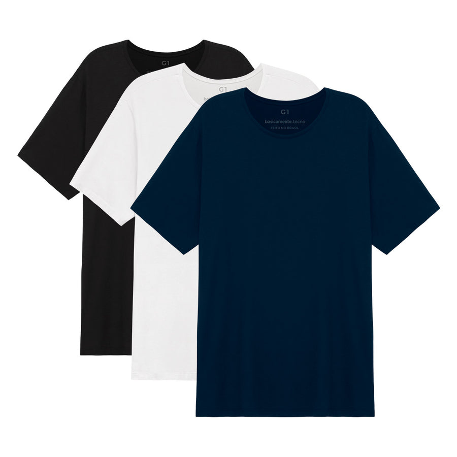 Kit 3 Tech T-Shirt Modal Gola C Plus Size Masculina - Branco Preto Azul Marinho