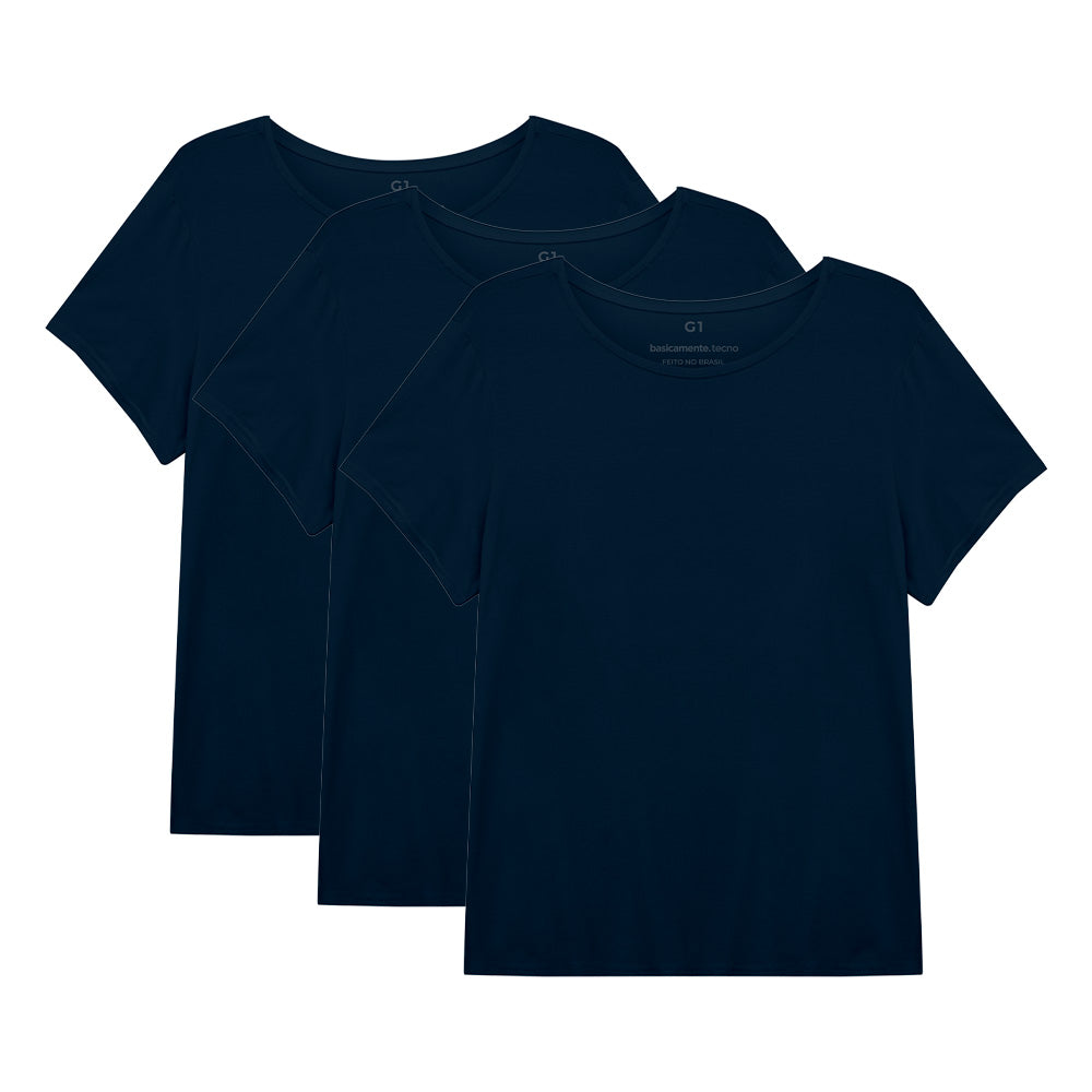 Kit 3 Tech T-shirt Impermeável Gola C Plus Size Feminina - Azul Marinho