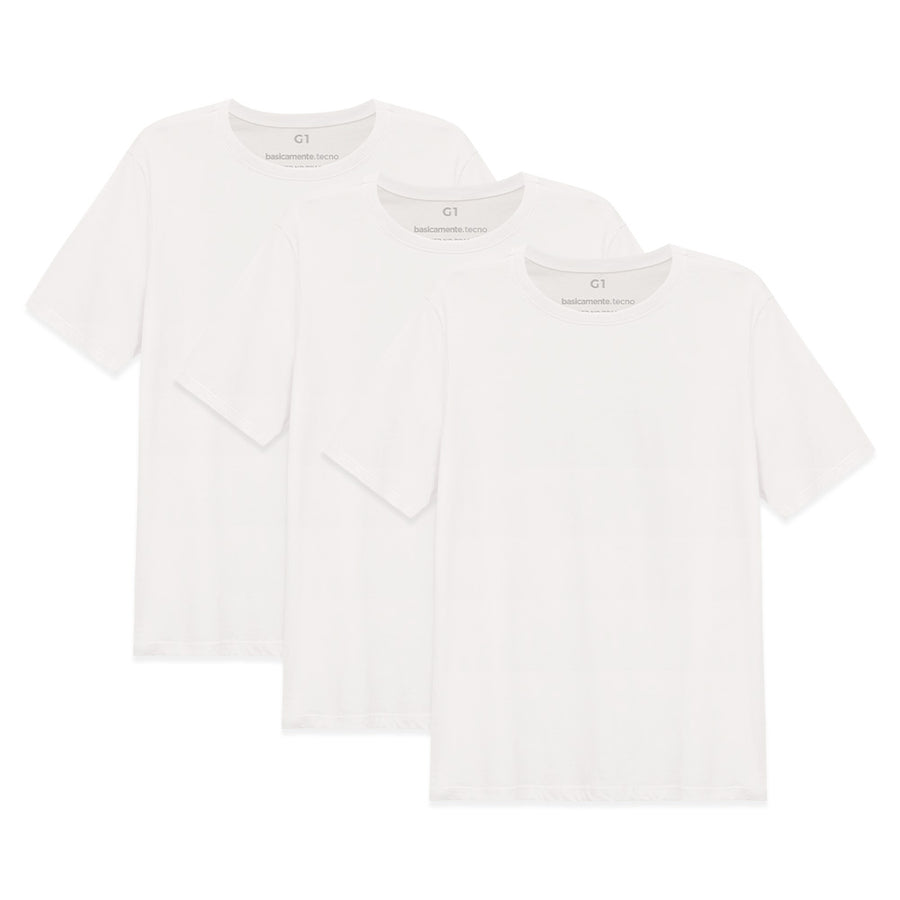 Kit 3 Tech T-shirt Impermeável Gola C Plus Size Masculina - Branco
