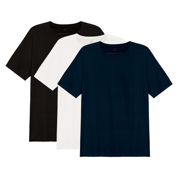 Kit 3 Tech T-shirt Impermeável Gola C Plus Size Masculina - Branco Preto Azul Marinho