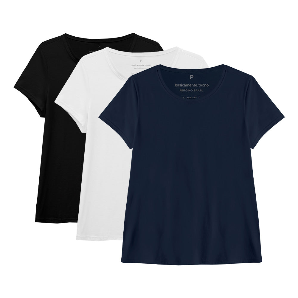 Kit Experiência Tech T-Shirts Feminino - Branco Preto Azul Marinho